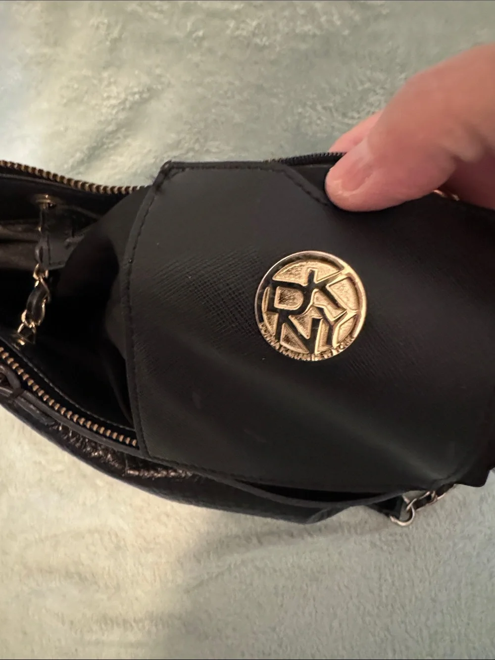 DKNY Black Pebbled Leather Clutch with Gold Hardware